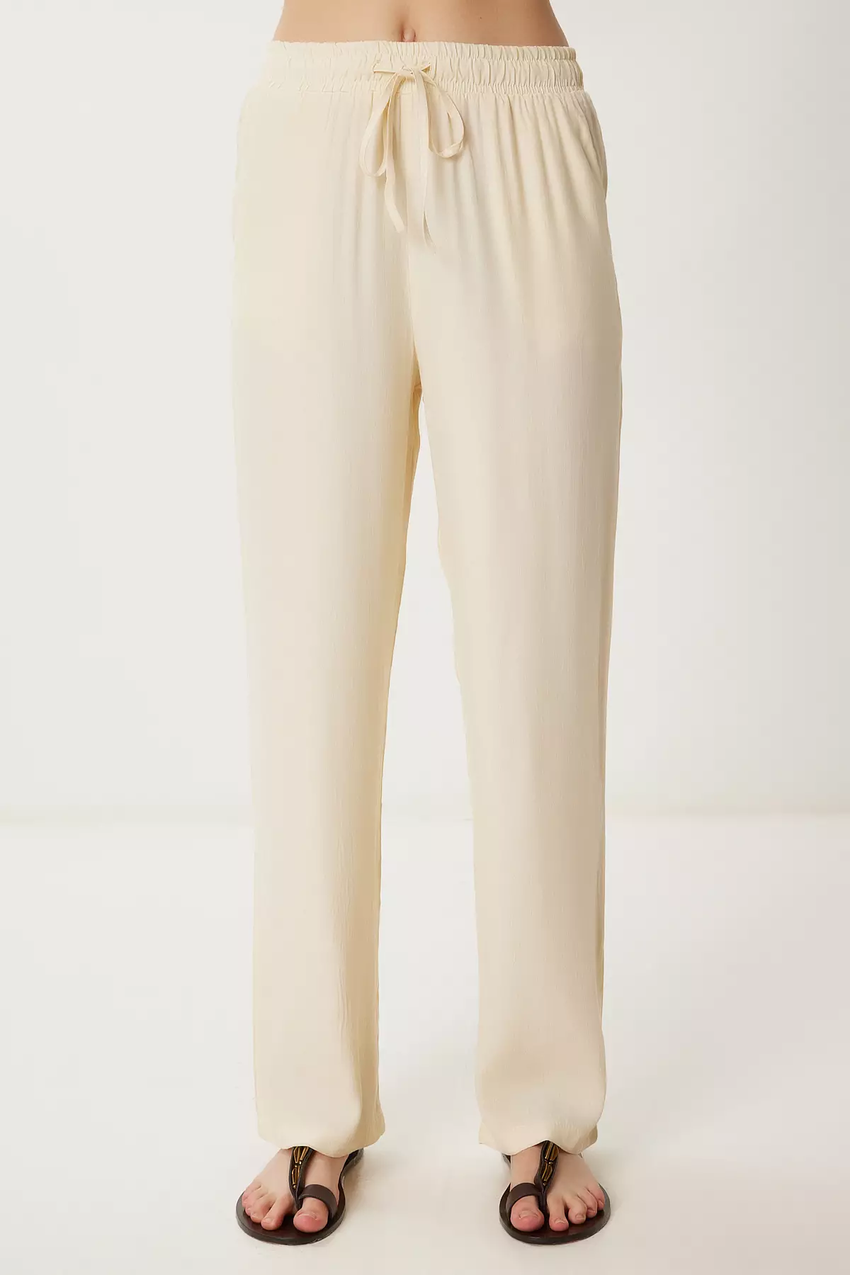 Women's Cream Patterned Summer Viscose Trousers Wf00110