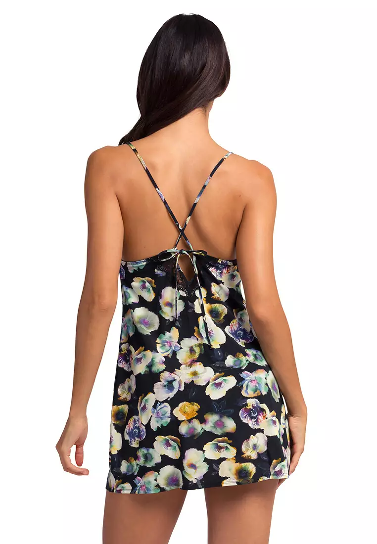 ZAYNA Lace Floral Digital Printed Tie Back Night Dress Slip Nightwear Sleepwear Linerie Bodywear