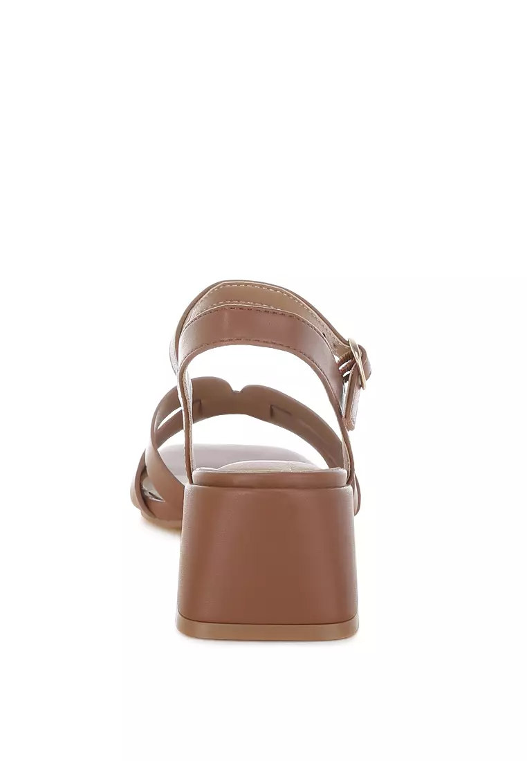 Strappy Square Toe Block Heels In Camel