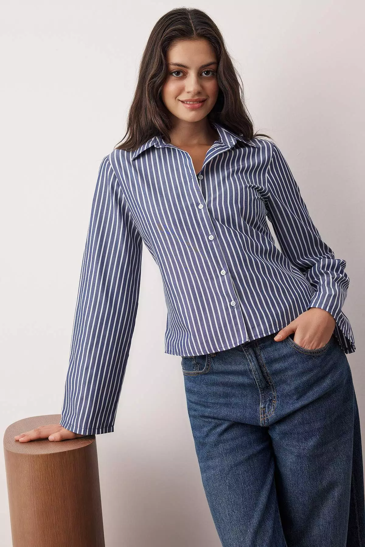 Navy Blue-White Corset Detailed Fitted Waist Shirt Twoaw26Go55