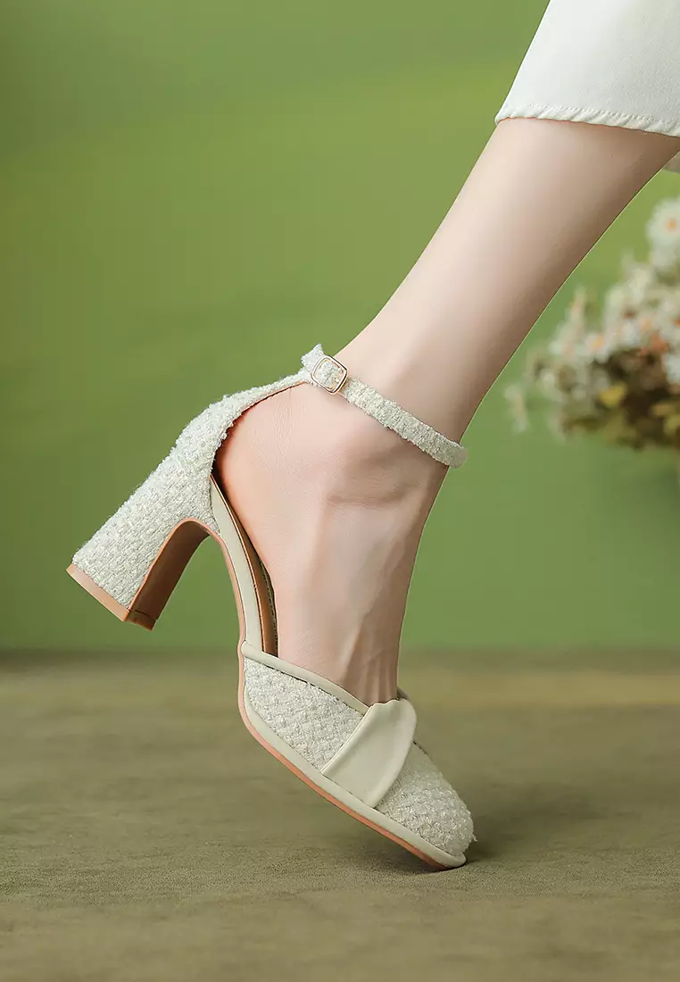 7.5CM Folded Strap Tweed Mary Jane Shoes XJ2568-10