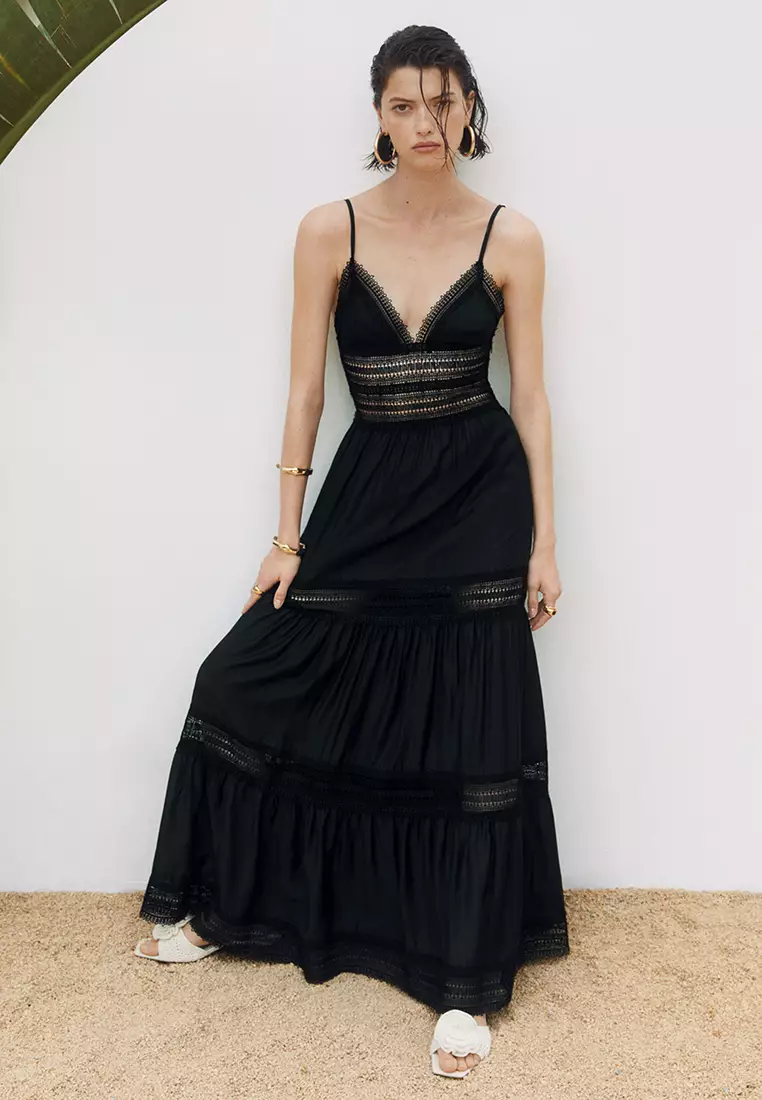 Belted high waist best sale lace panel maxi dress