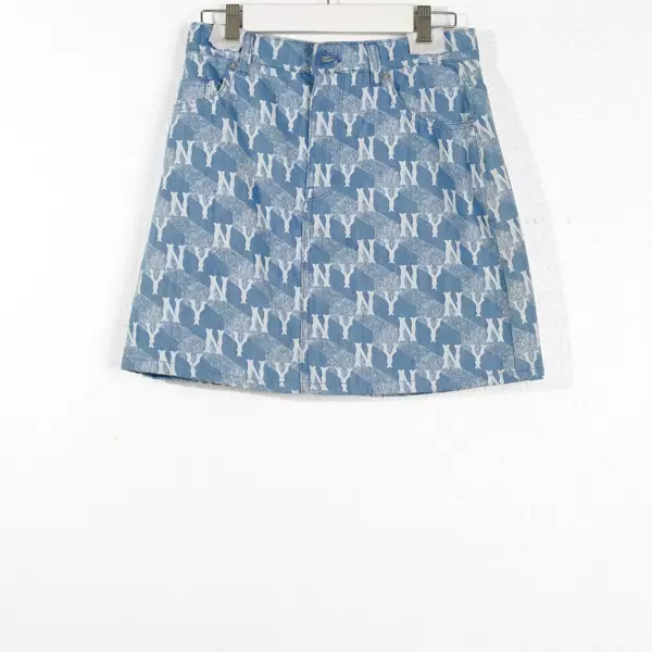 Rok MLB NY MONOGRAM WHITE PATTERN DENIM BLUE SHORT SKIRT 100% ORIGINAL