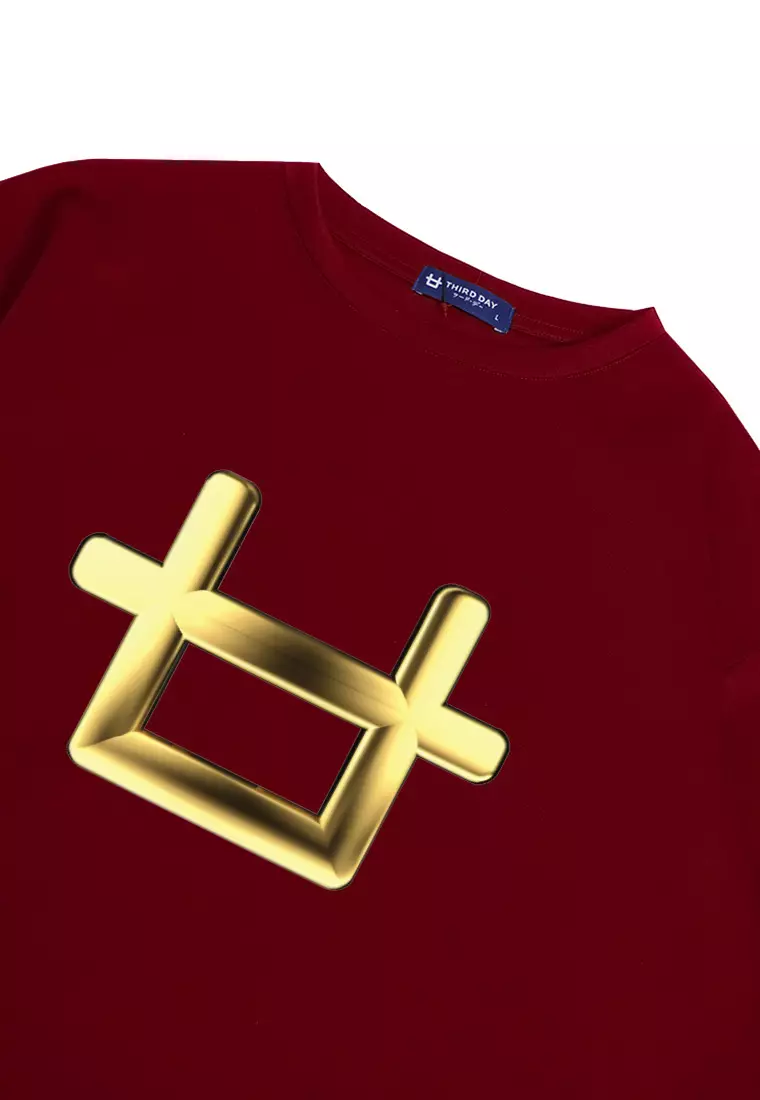 MTP36 kaos oversize aesthetic unik 3d gold plate third day logo bahan scuba tebal merah maroon