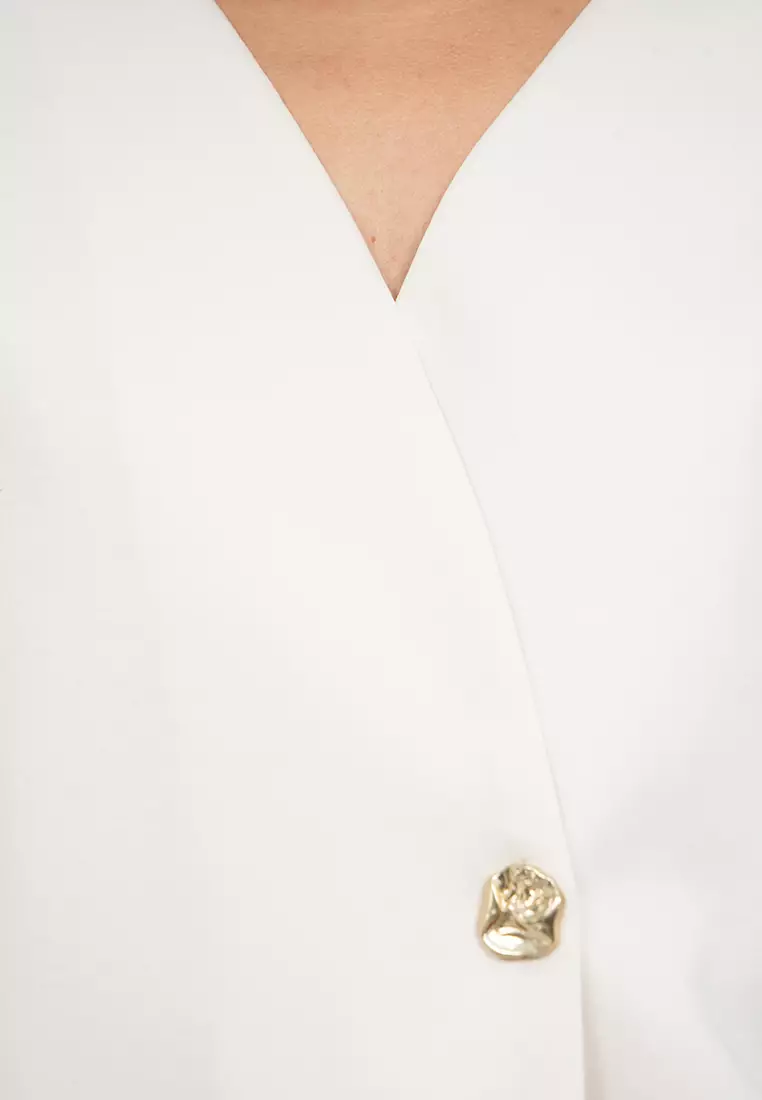V-Neck Short Sleeve Wrap Blouse OFF WHITE