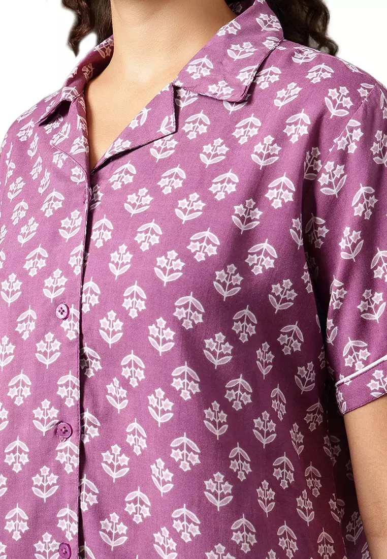 Clovia Floral Print Button Down Night Suit in Aubergine Colour - Rayon