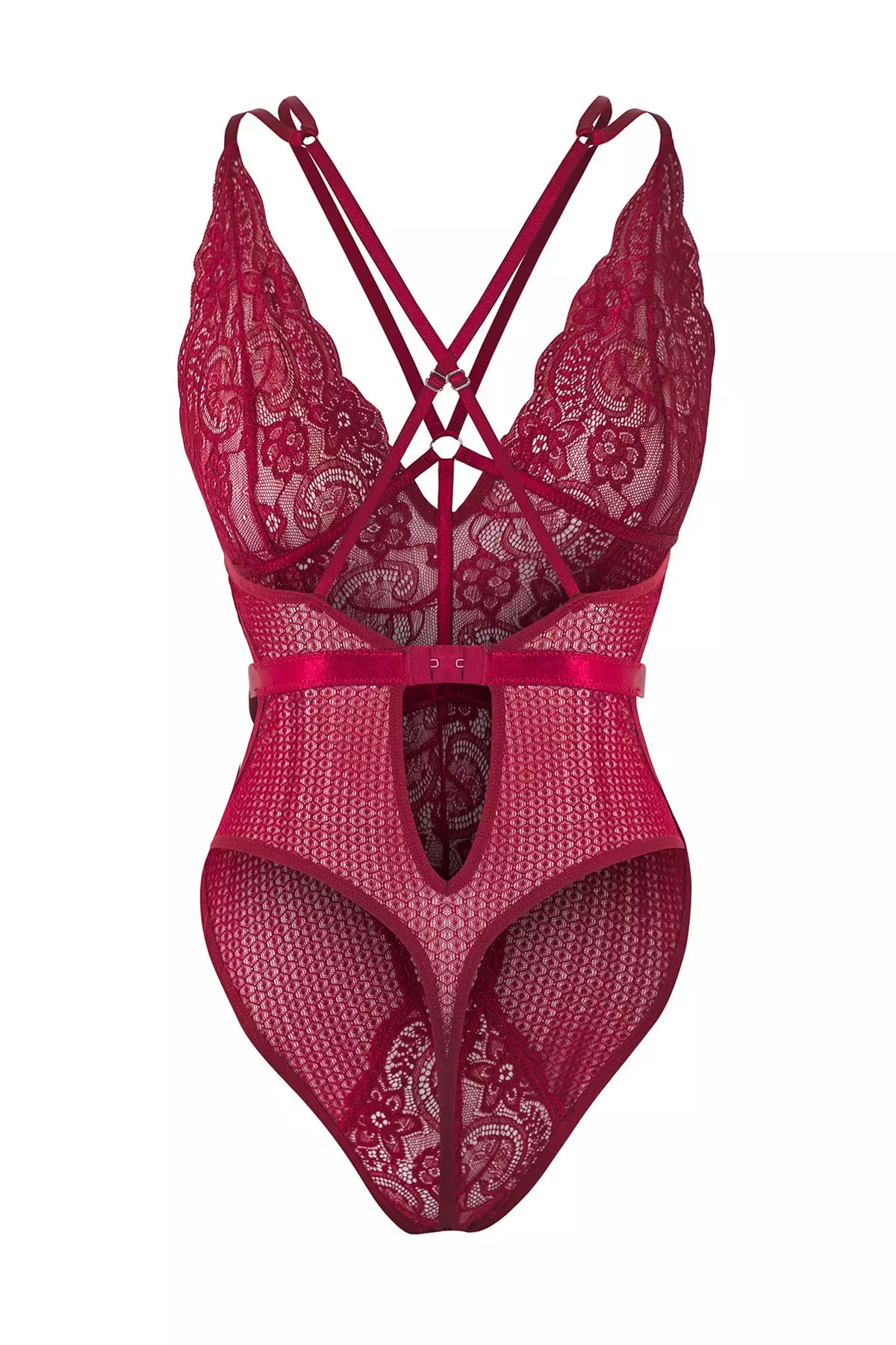 Dark Cherry Lace Openwork/Hole Piping Detail Knitted Bodysuit Without Cover THMSS25BD00002