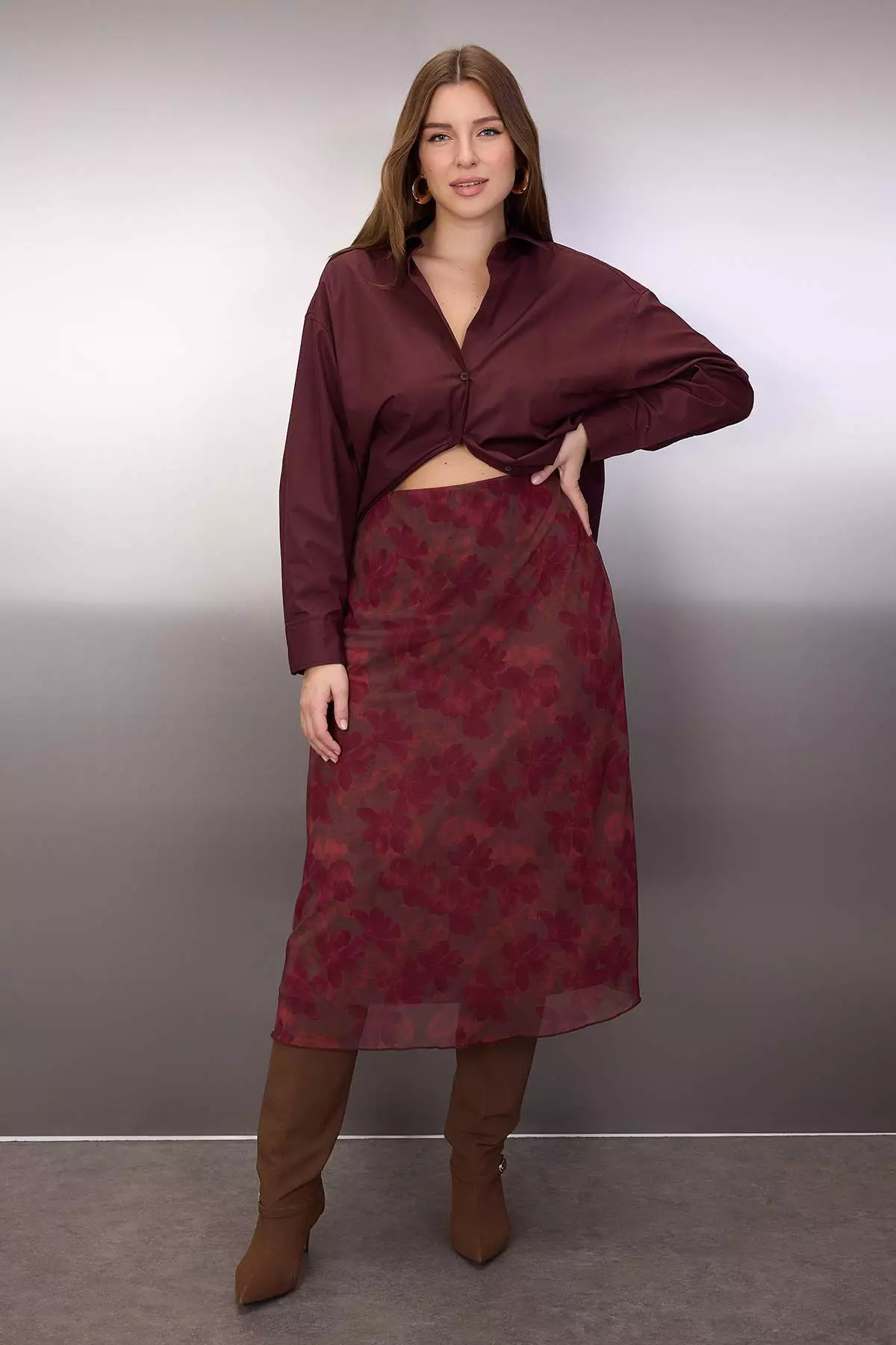 Burgundy A-Line Floral Pattern Tulle Knitted Plus Size Skirt Tbbaw25Az00006
