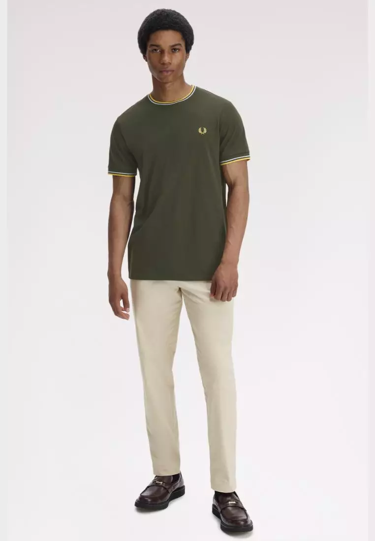 Fred Perry M1588 Twin Tipped T-Shirt (Hunting Green / Light Ice / Lemon Barley)