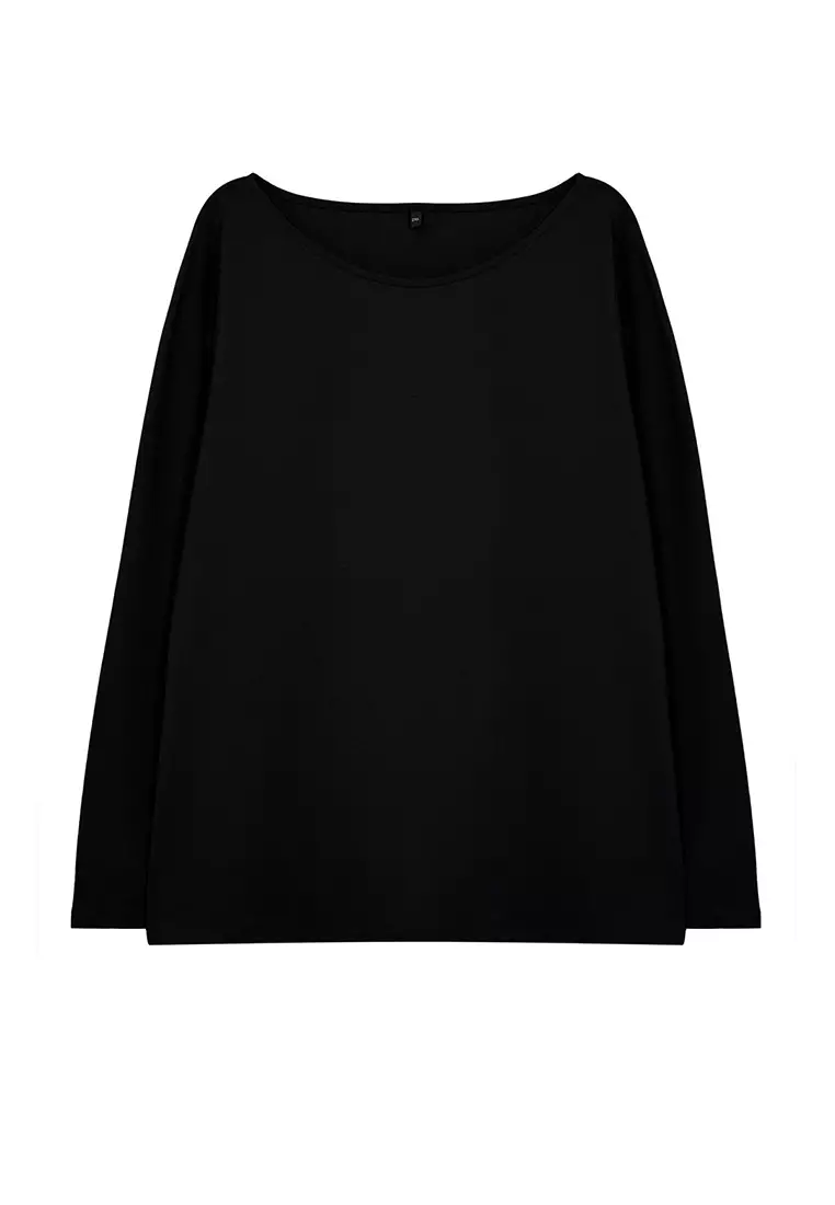 Black 100% Cotton Body-Fitting Long Sleeve Plus Size T-Shirt Tbbaw25Bf00000