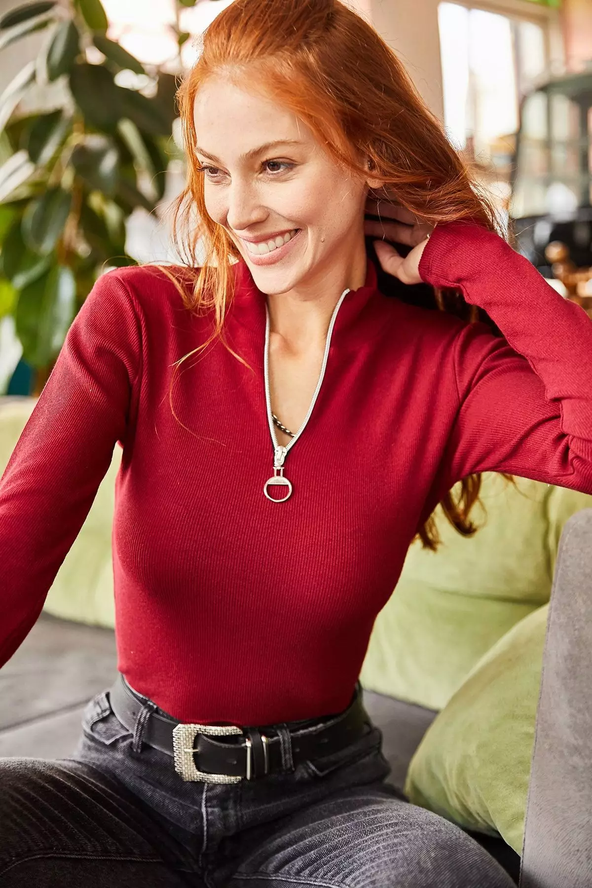 Zippered Turtleneck Lycra Top