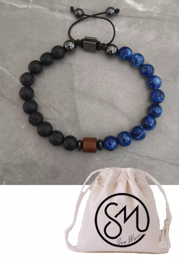 Aksesoris Gelang Pria Macrame Wooden Stump Center Lapiz & Lava Stones Bracelet Black & Lapiz