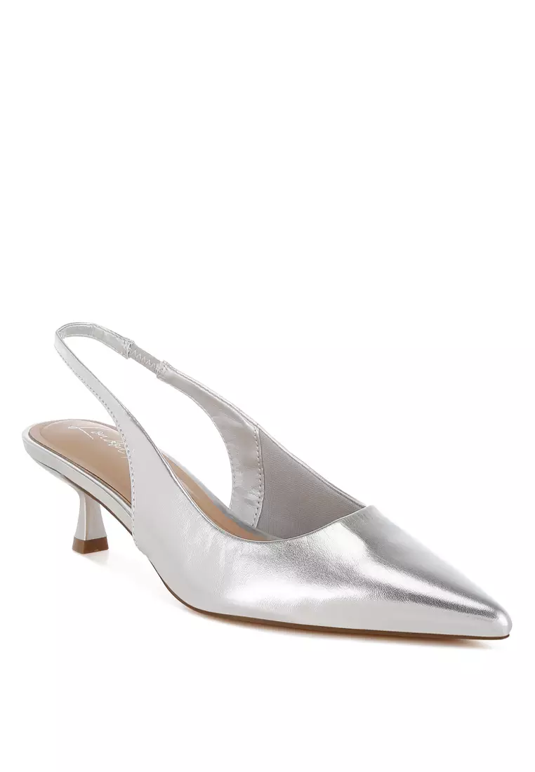 Kitten Heel Metallic Slingback Sandals in Silver