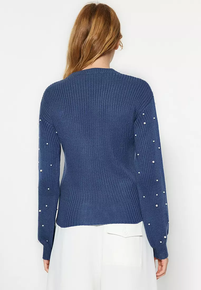 Blue Pearl Detailed Crew Neck Knitwear Sweater Twoaw22Kz1493