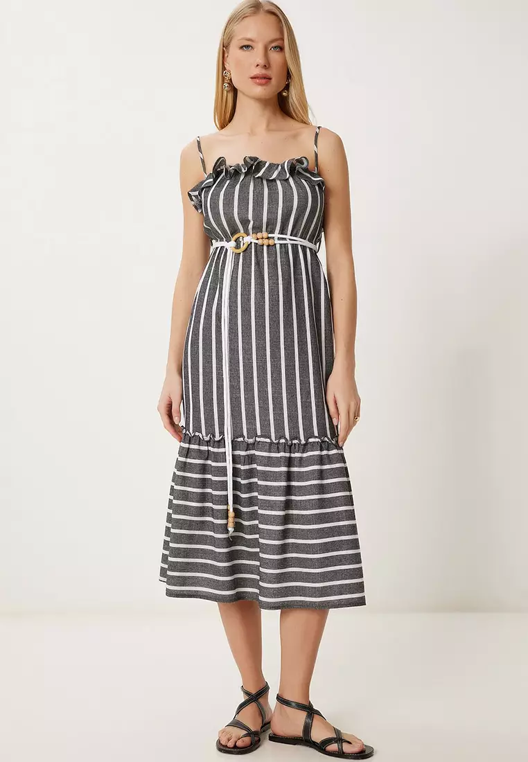 Women's Anthracite Bone Striped Flounced Summer Woven Dress Li00126