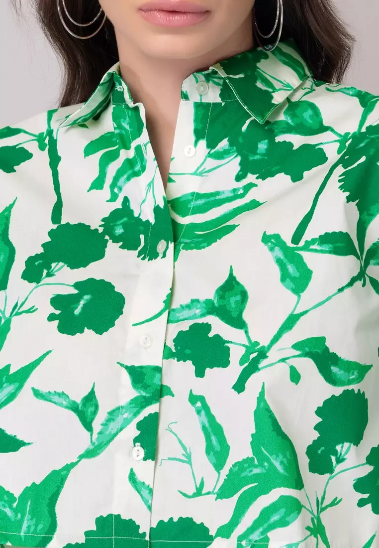 White And Green Floral Print Cotton Top And Pants Co-ord Set