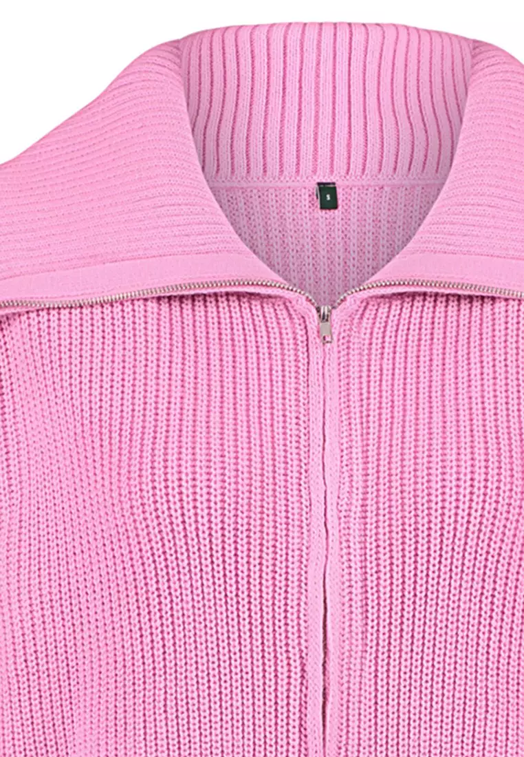 Pink Wide Pattern Turn-down Collar Zippered Knitwear Cardigan TWOAW24HI00072