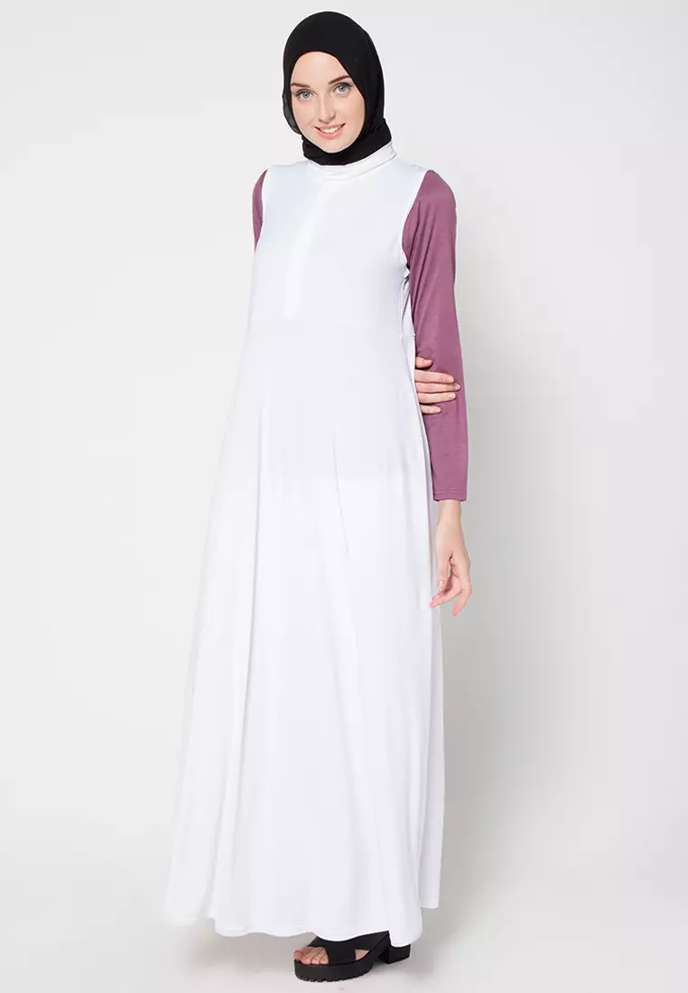 JV Hasanah Adelia Zipper Breastfeeding Dress White | Gamis Kensy Jersey Busui Friendly