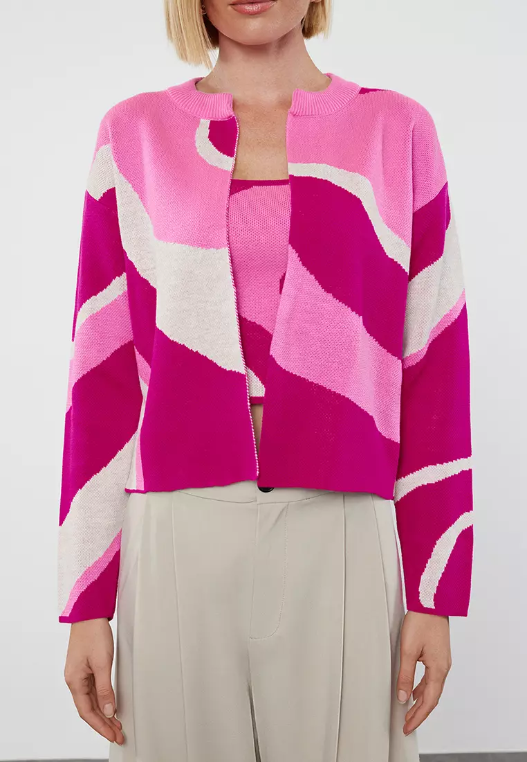 Colorblock Print Cardigan & Tank Top Set