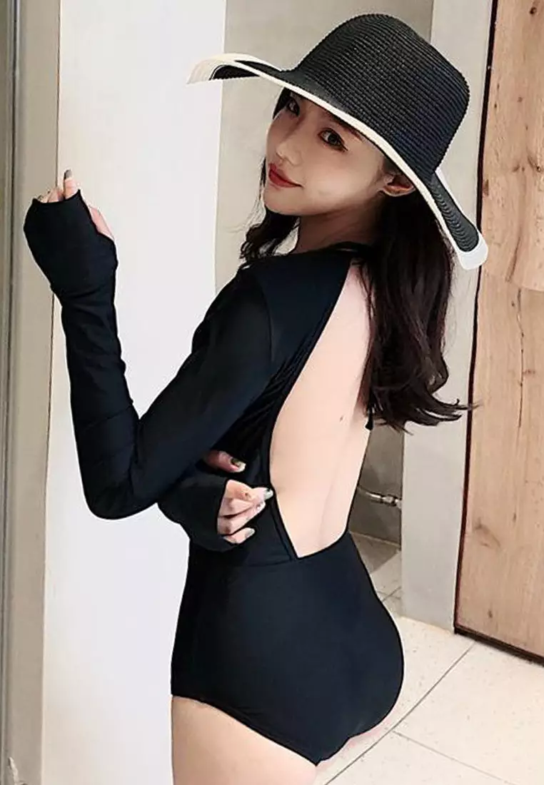 Conservative Long-Sleeved Belly-Covering Triangle One-Piece Swimsuit A22031729BK