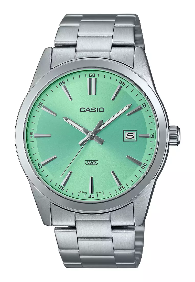 Jam Tangan Analog Pria Casio MTP-VD03D-3A2 Silver Green Dial - Stainless Steel