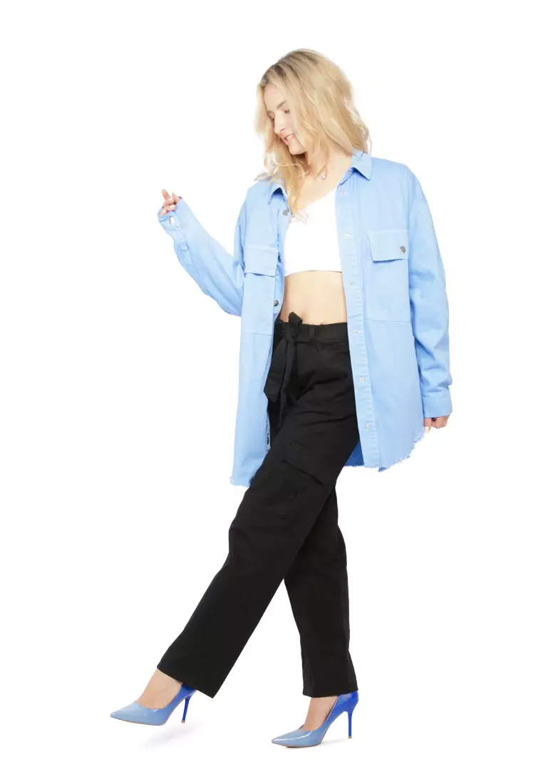 Sky Blue Oversized Long Sleeve Shacket