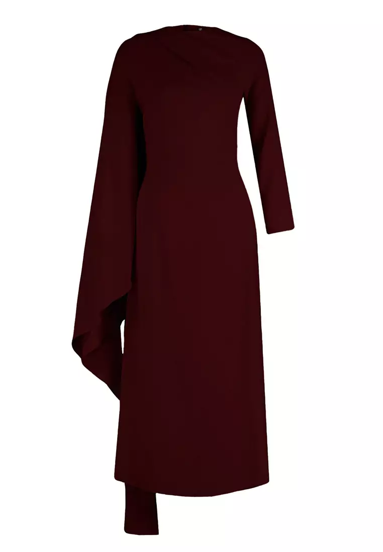 Burgundy Shawl Detailed Lined Evening Dress Tctss24Db00036