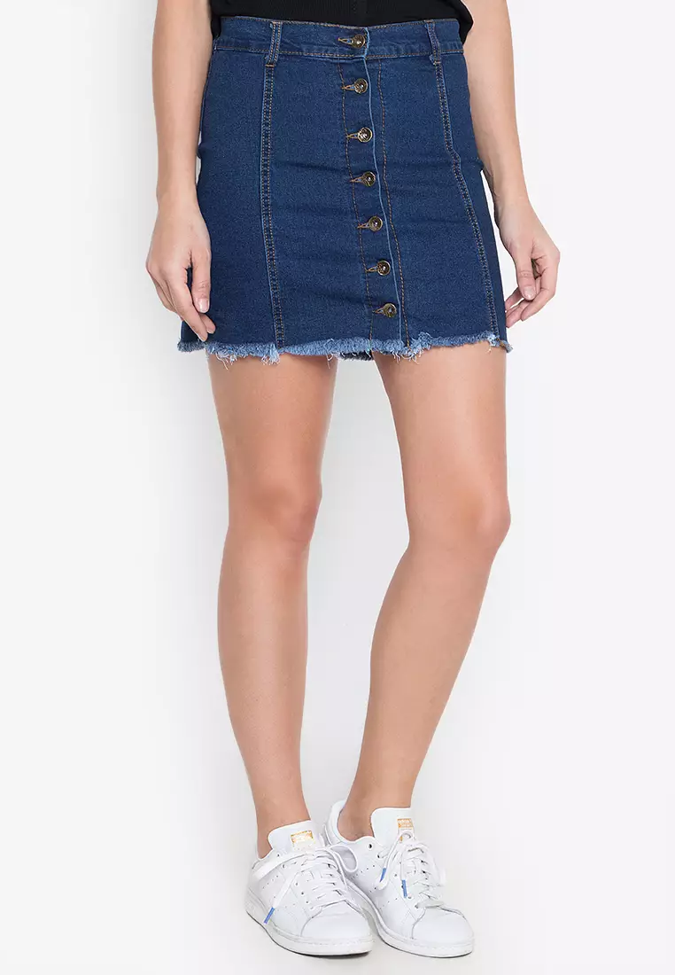 Denim Button Down High Waist Frayed Mini Skirt