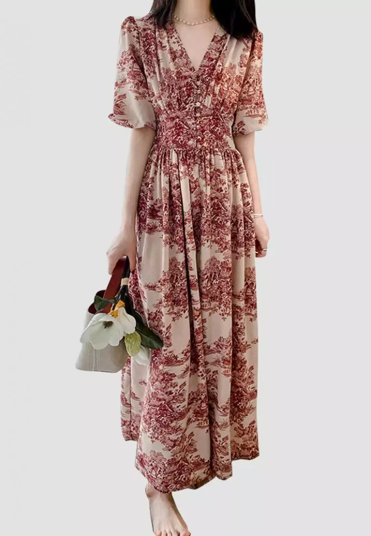Vintage Rural Print Button up Elastic Sleeve Dress