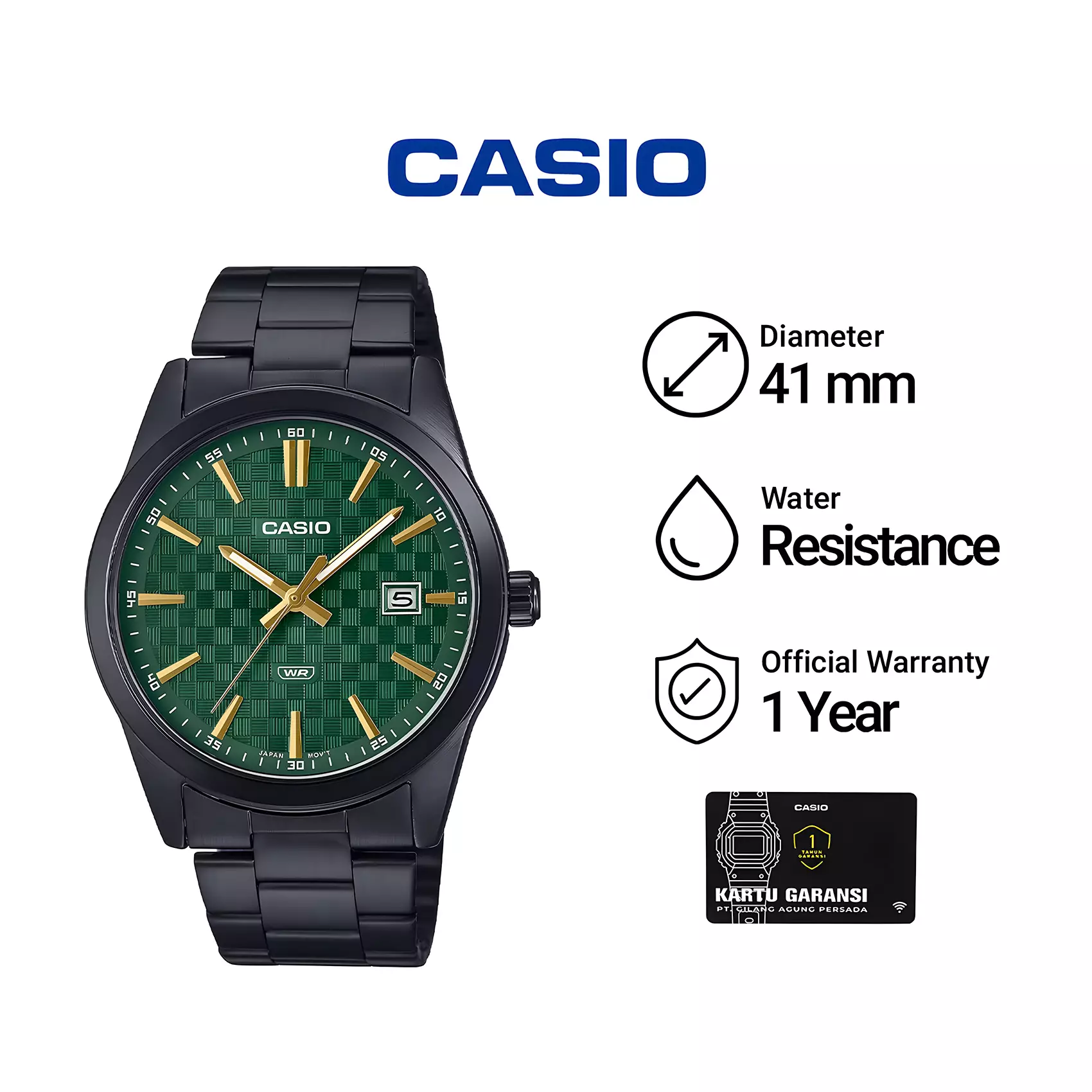 Casio - Jam Tangan Analog Pria - Green Dial - Black Stainless Steel - MTP-VD03B-3A