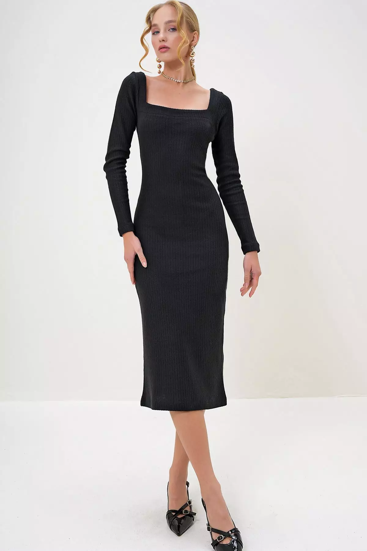 Women's Black Square Neck Long Sleeve Midi Length Interlock Fabric Dress