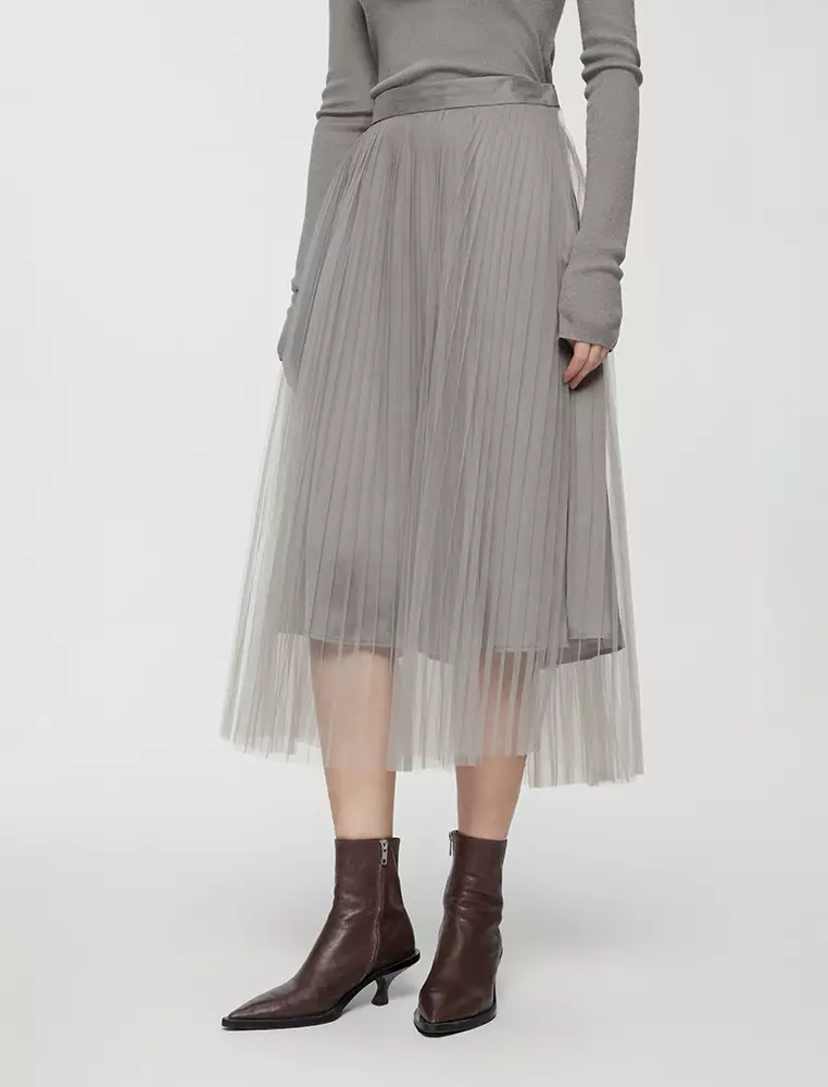 Straight Cut Pleated Long Waist Skirt
