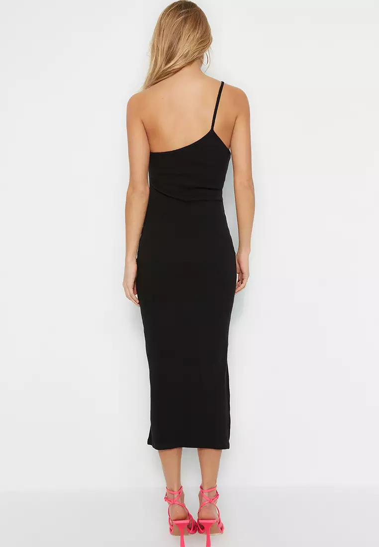 Asymmetrical Shoulder Strap Ribbed Knitted Dress