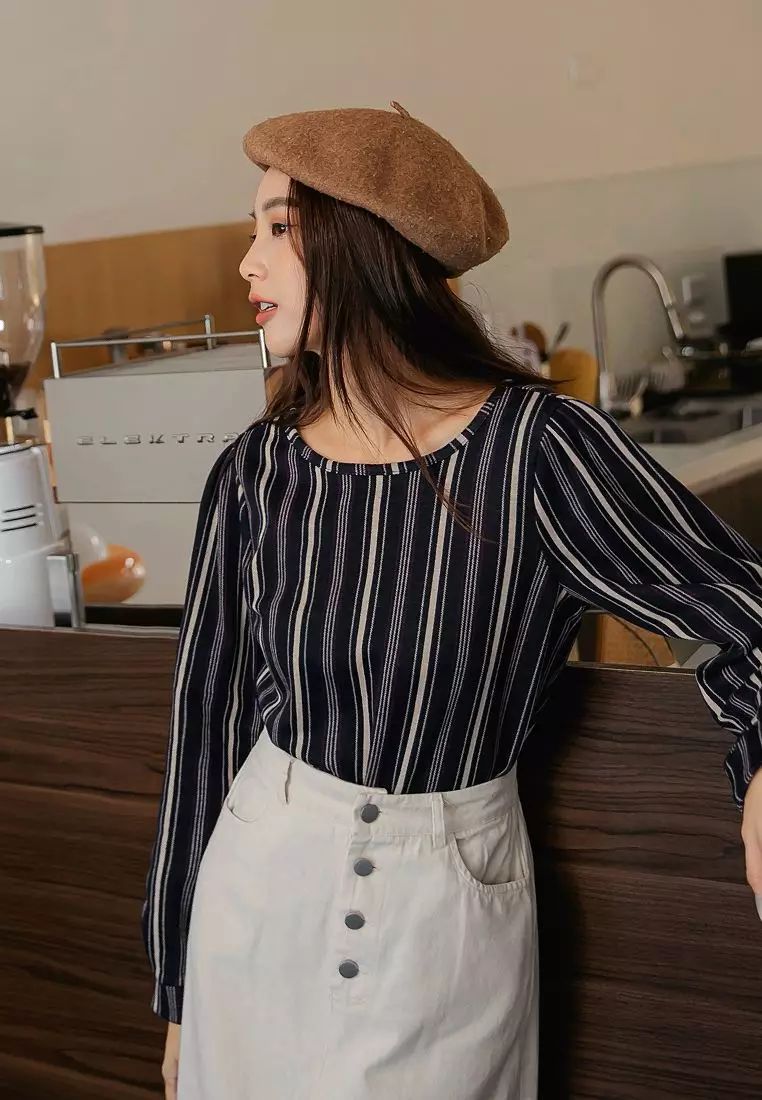 Back Zip Striped Long Sleeve Top [AB16399]