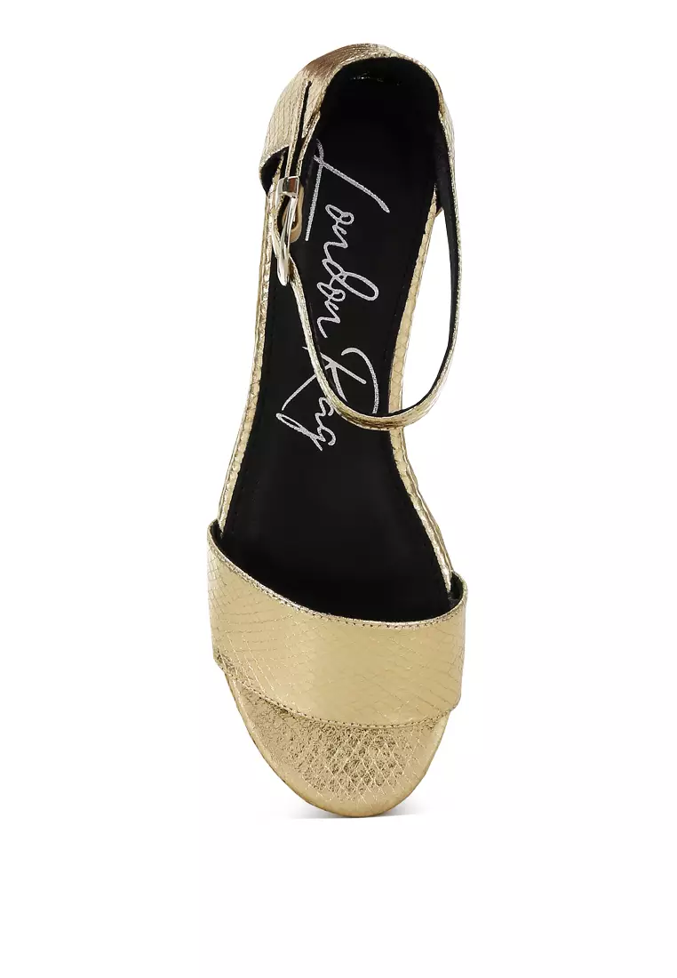 Espadrilles Wedge Ular Kulit Imitasi Emas