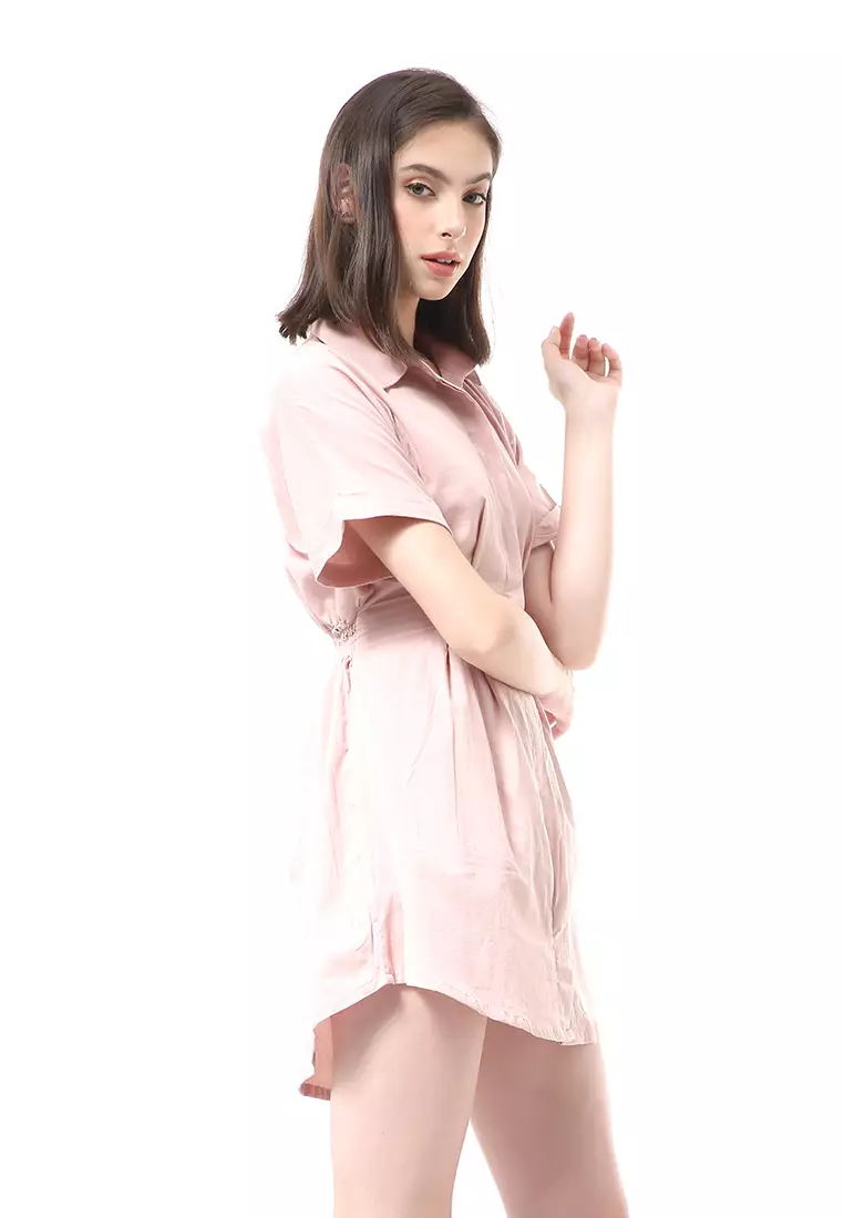 Rachel Dress Wanita Lengan Pendek Model Kemeja Plain Motive Material Cotton ORIGINAL - Dusty Pink