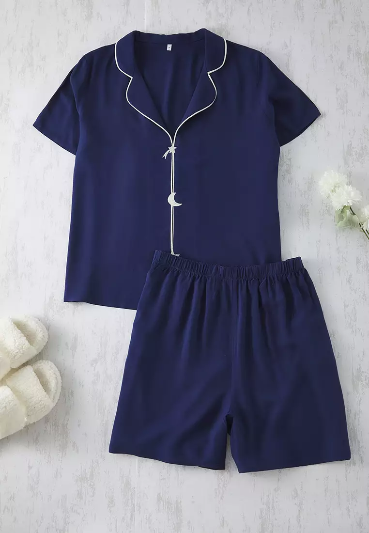 Navy Blue Embroidery and Piping Detail Viscose Woven Pajama Set TBBSS25AI00015