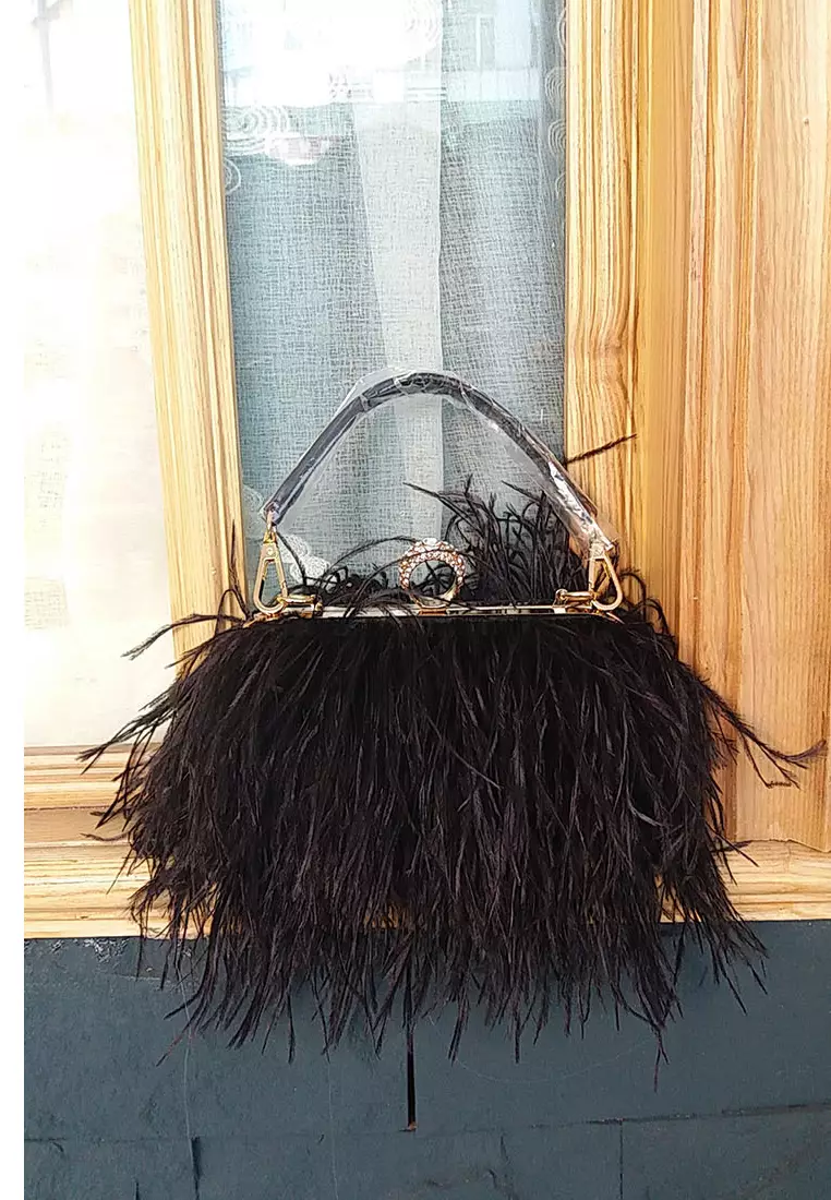 Ostrich Feather Ring Buckle Chain Crossbody Shoulder Small Square Bag