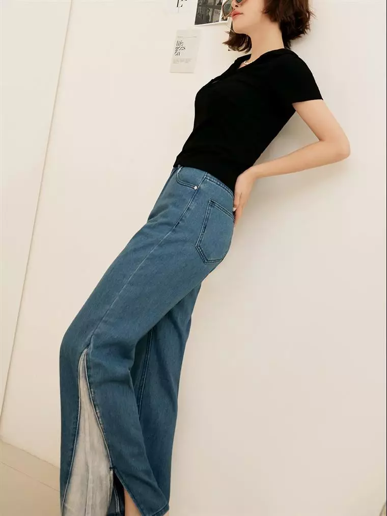 Cotton Pants Tube Stitching Contrast Split Denim Wide Leg Pants [BA7211]