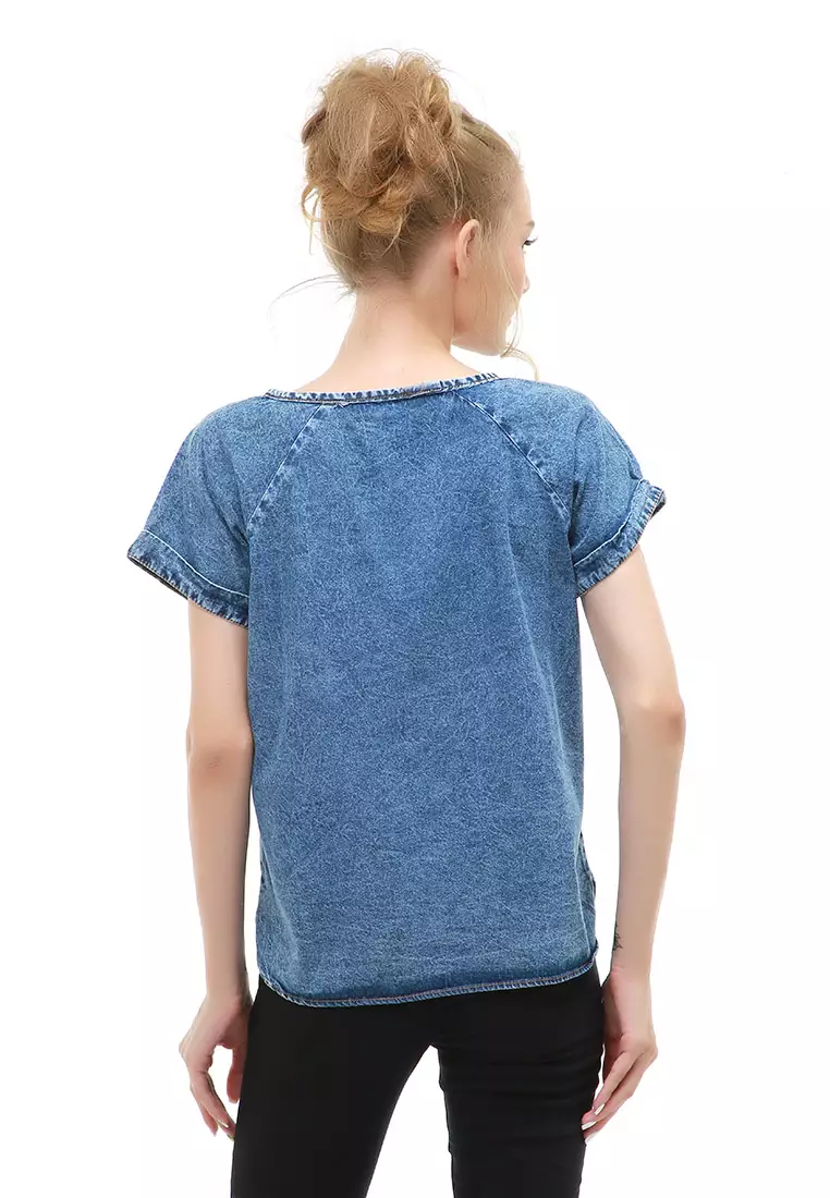 Cheva Blouse Jeans Wanita Kasual Lengan Pendek Model Saku Depan Material Denim ORIGINAL - Gray