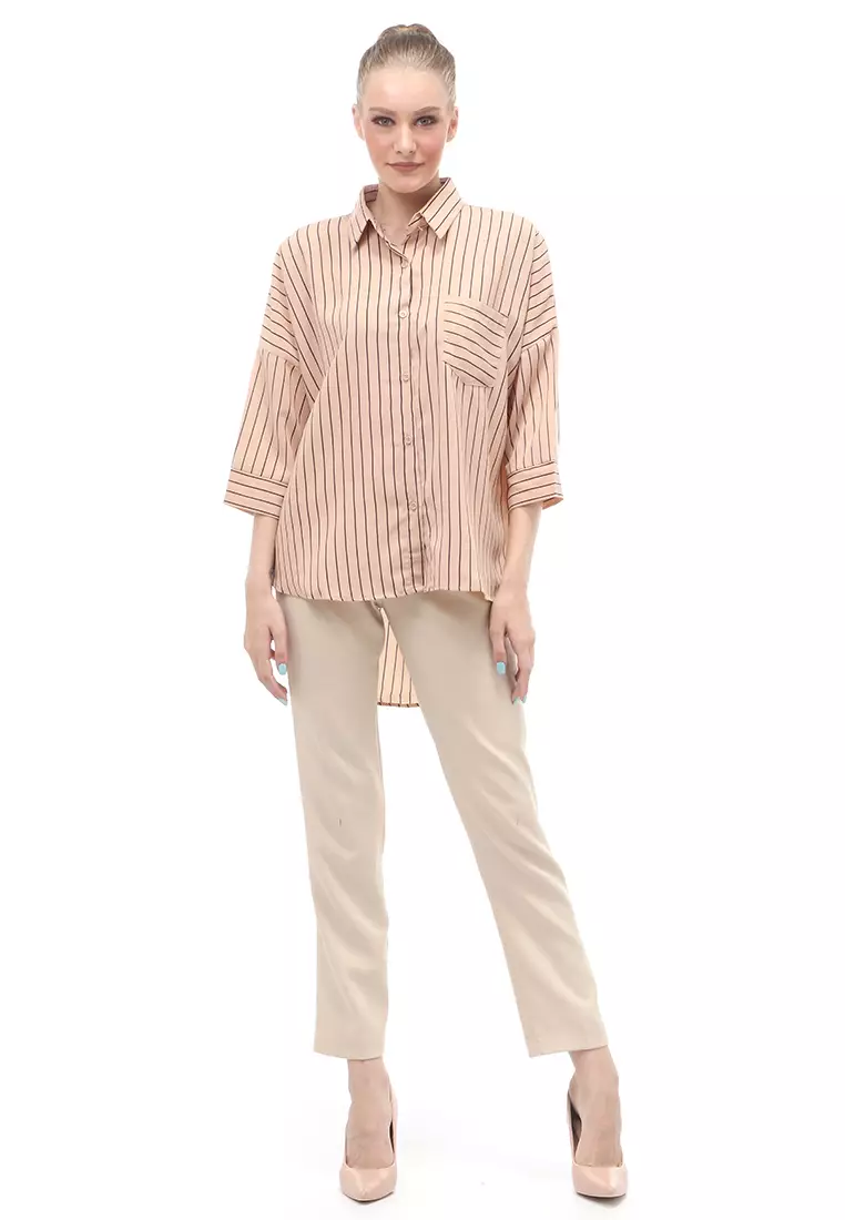 Shirt Salur Lengan Panjang Atasan Wanita Casual Front Button Opening - Coklat