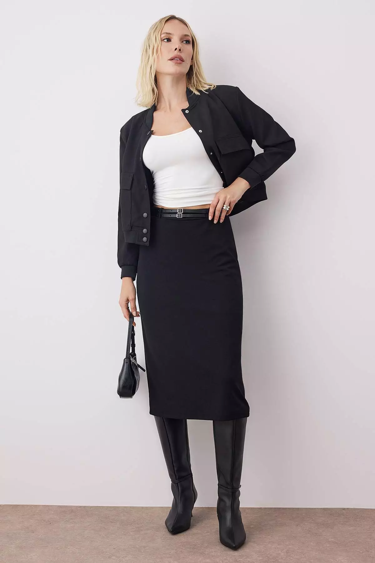 Black Pencil Double Belted Crepe Flexible Knit Skirt