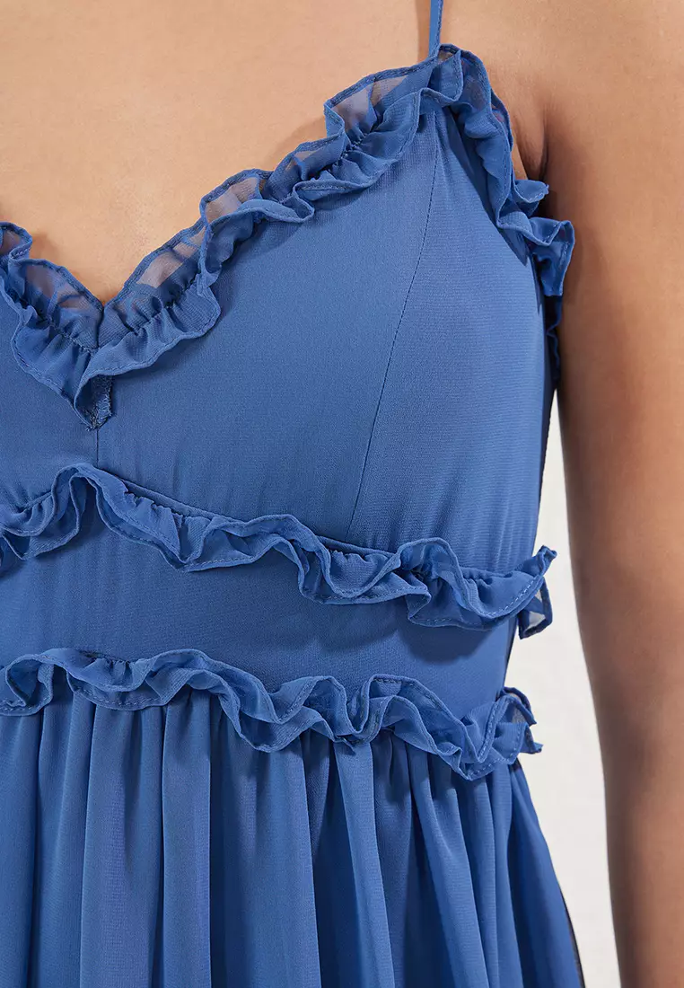 Blue A-Line Maxi Woven Dress