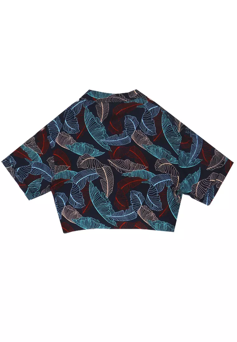 FTA55 LKM Kemeja Oversize Wanita Tangan Pendek Daun Navy