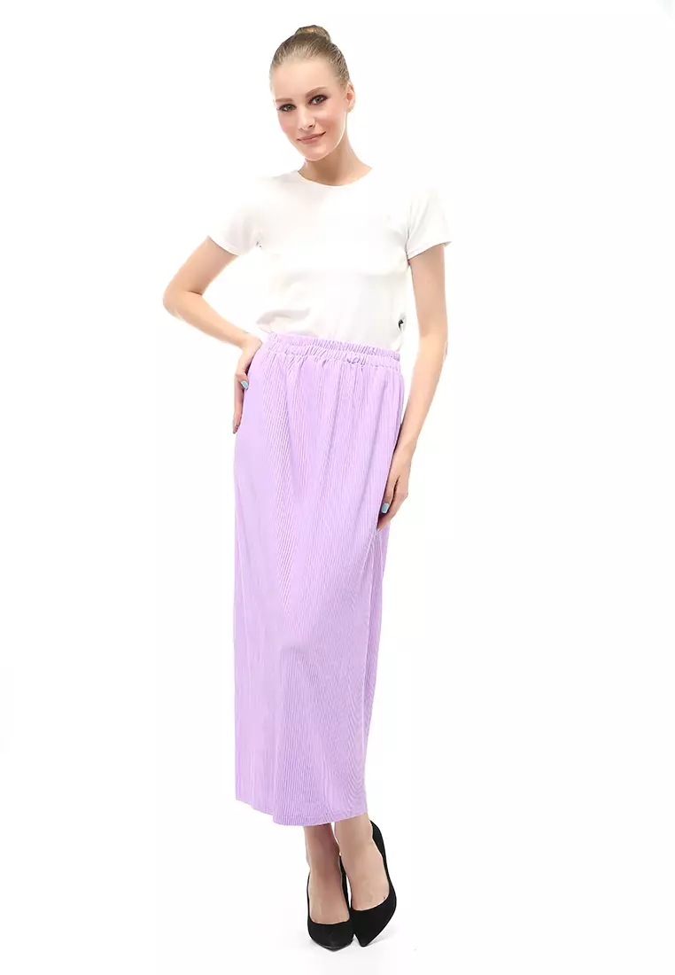 Rok Span Bawahan Wanita Motif Salur Skirt Rubbery Waist Casual - Lilac