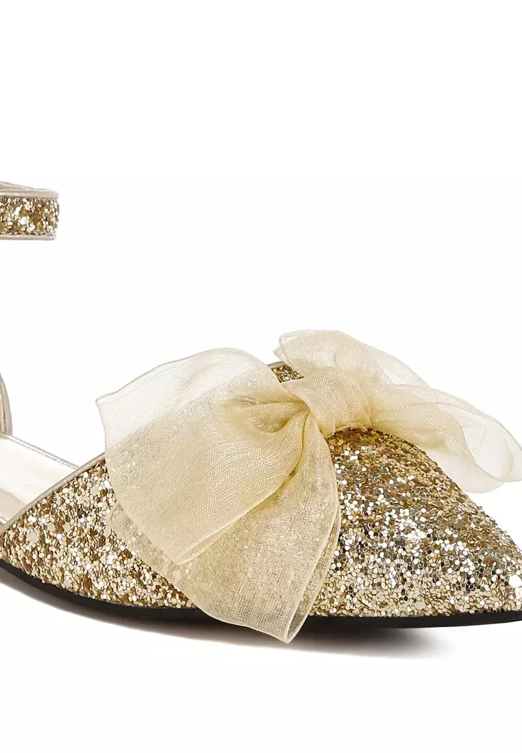 Sheer Bow Detail Glitter Flat Sandals in Gold