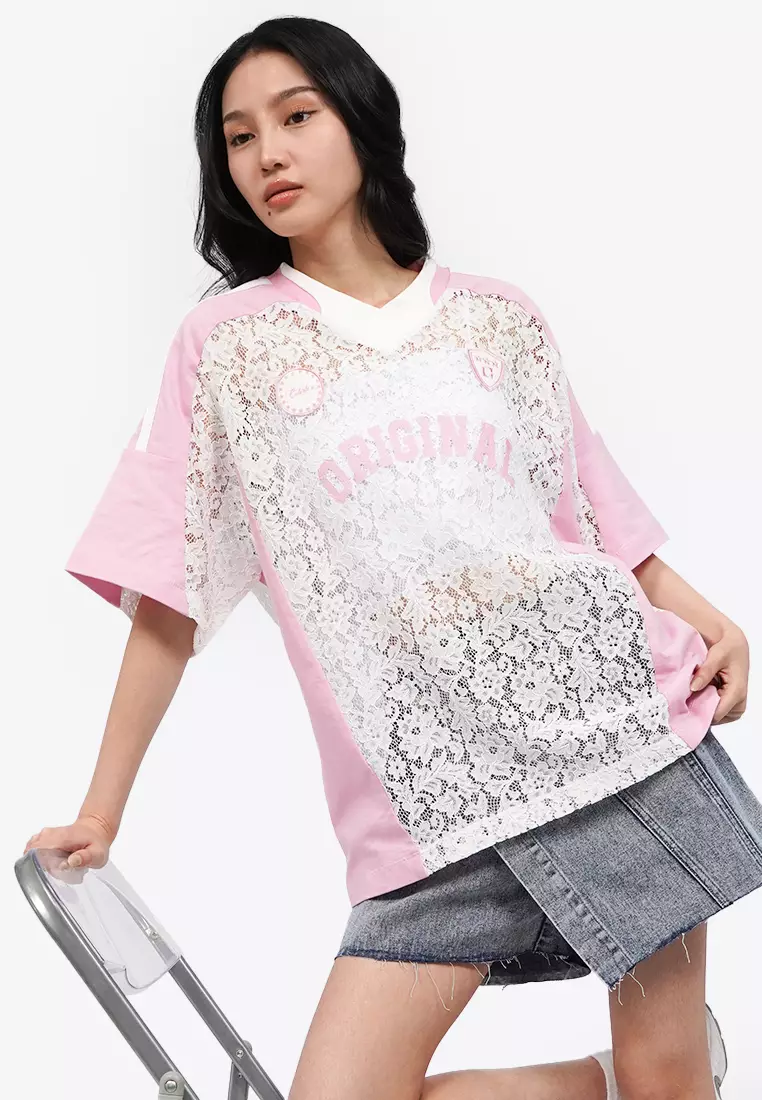 Oversized V-Neck Lace Jersey