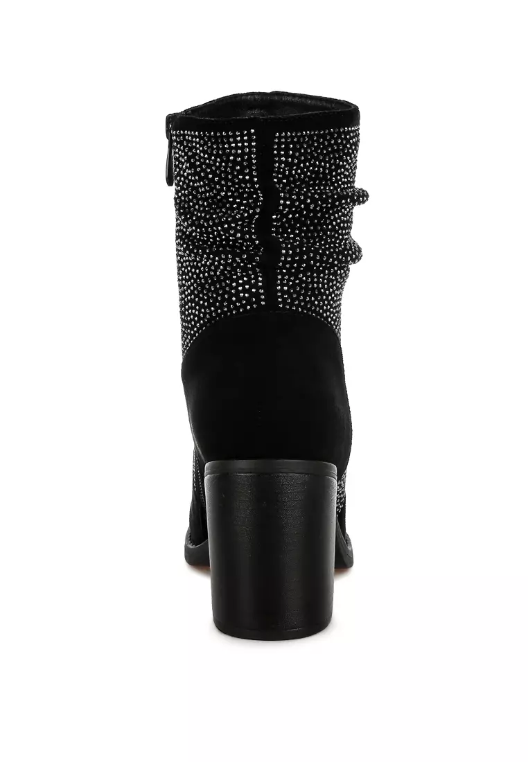 Rhinestone Studded Slouchy Ankle Boots In Black