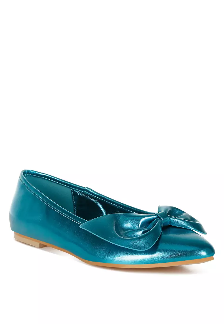 Metallic Pleather Bow Ballerinas in Blue
