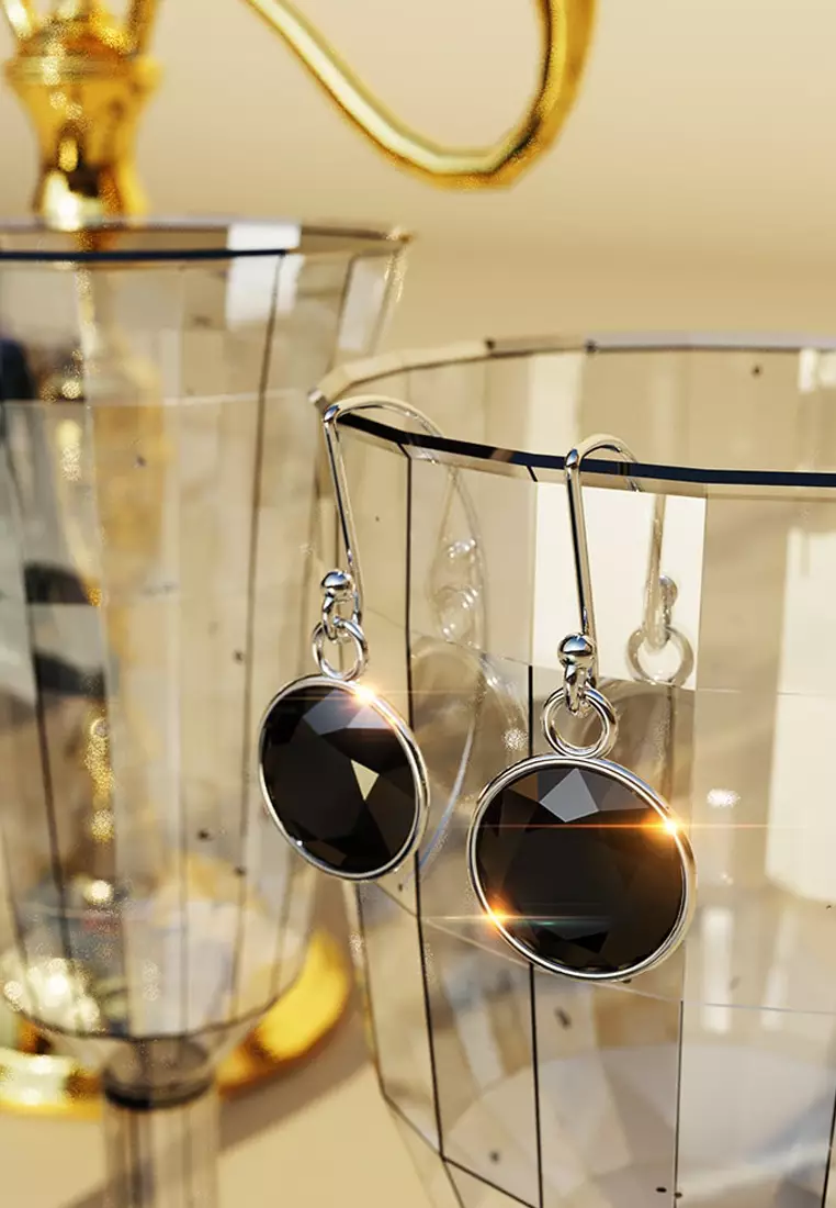 Bezel Cz Drop Earrings 9mm-Silver/Black